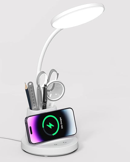 Desk Lamp for Home Office, LED Desk Lamp with Wireless Charger Pen Phone Holder, Dimmable Desk Light 3 Color Modes, College Dorm Study Lamp for College Dorm, CRI 90 800 Lumen - LeafyLoom