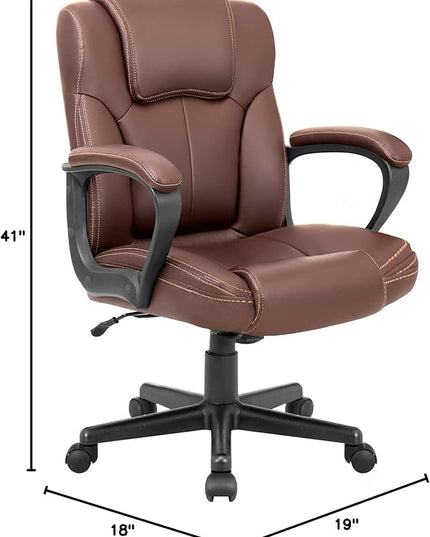 Executive Office Chair Swivel Task Seat with Ergonomic Mid-Back, Waist Support, PU Leather, 18D x 19W x 41H in, Brown - LeafyLoom