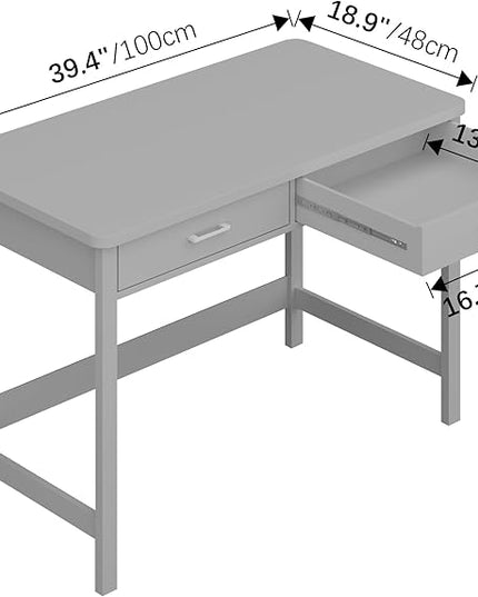 4NM 39.4" Small Desk with Wood Drawers, Home Office Computer Desk with Wooden Legs, Study Writing Table Vanity Desk for Small Spaces - Gray - LeafyLoom