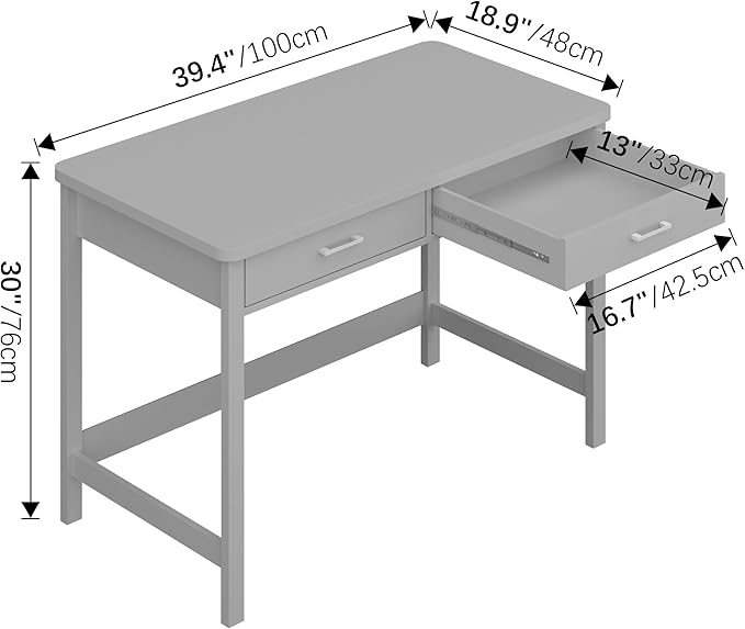 4NM 39.4" Small Desk with Wood Drawers, Home Office Computer Desk with Wooden Legs, Study Writing Table Vanity Desk for Small Spaces - Gray - LeafyLoom