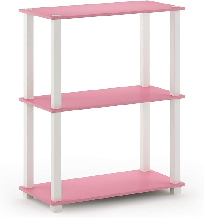 Furinno Turn-S-Tube 3-Tier Compact Multipurpose Shelf Display Rack with Square Tube, Pink/White - LeafyLoom