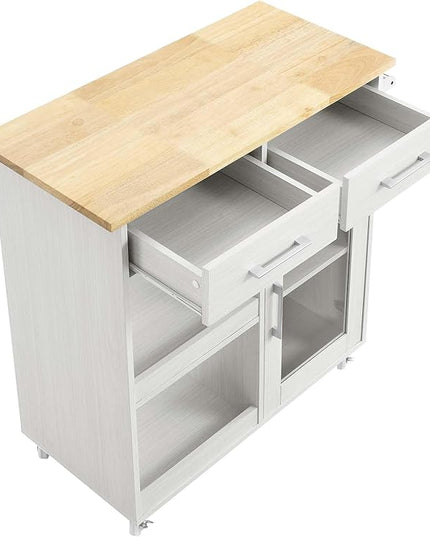 Modway Culinary Rolling Kitchen Cart with Storage in White Natural - 3 Tiers Kitchen Island on Wheels with Towel Bar, Functional as a Coffee Station, Bar Cabinet or Butcher Block Island - LeafyLoom