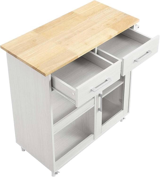 Modway Culinary Rolling Kitchen Cart with Storage in White Natural - 3 Tiers Kitchen Island on Wheels with Towel Bar, Functional as a Coffee Station, Bar Cabinet or Butcher Block Island - LeafyLoom