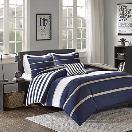 Comfort Spaces Casual Comforter Set Sporty Design, Vibrant Color, Active Lifestyle Boys Bedroom Décor, All Season Soft Microfiber Bedding Set, Decorative Pillow, Sham Blue/White Queen 4 Piece - LeafyLoom