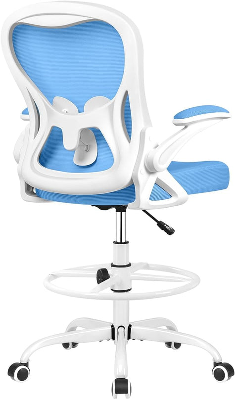 Drafting Chair, Tall Office Chair Ergonomic Standing Desk chair, Lumbar Support Computer Chair Swivel Task Rolling Chair with Adjustable Flip-up Armrests & Foot Ring (Sky Blue) - LeafyLoom