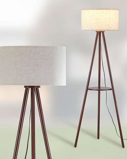 Wood Tripod Floor Lamp for Living Room,Linen Shade Mid Century Wooden Shelf Floor lamp for Bedroom,with Three Color temparature Bulb Included,ETL Listed/Dark Brown Wood Color - LeafyLoom