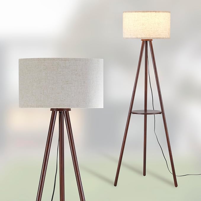 Wood Tripod Floor Lamp for Living Room,Linen Shade Mid Century Wooden Shelf Floor lamp for Bedroom,with Three Color temparature Bulb Included,ETL Listed/Dark Brown Wood Color - LeafyLoom
