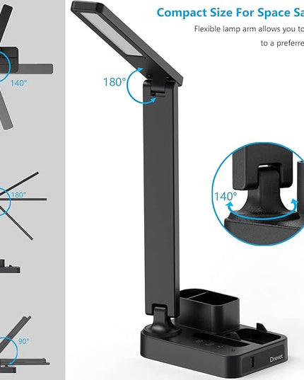 Drevet LED Desk Lamp with Pen Holder, Study Table Light with USB Charging Port, 3 Lighting Modes, 3 Level Brightness,1H Timer, Touch Control, Eye-Caring Lamp, Dorm Room Essential for College Students - LeafyLoom