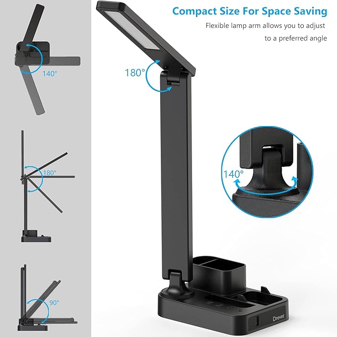 Drevet LED Desk Lamp with Pen Holder, Study Table Light with USB Charging Port, 3 Lighting Modes, 3 Level Brightness,1H Timer, Touch Control, Eye-Caring Lamp, Dorm Room Essential for College Students - LeafyLoom