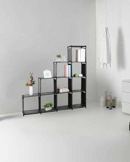 10-Cube Storage Organizer Rack, Staircase Organizer Modular Bookcase, DIY Storage Organizer Closet Shelf, Bookcase in Living Room, Bedroom for Toys and Daily Necessities, Black - LeafyLoom