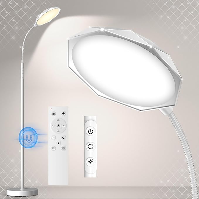 Floor Lamp, 18W Bright LED Floor Lamps for Living Room with Diamond-Surface, Stepless Adjustable Colors & Dimmer Standing Lamp with Timer, Remote & Touch Control, Reading Lights for Bedroom, Office - LeafyLoom