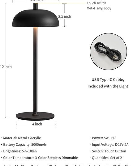 Cordless LED Table Lamp Set of 2, Modern Portable Desk Lamp, 3 Color Stepless Dimming Built-in Rechargeable Battery Lights, for Bedroom, Patio, Outdoor, Restaurant, Bedside Night Lamp(Black) - LeafyLoom