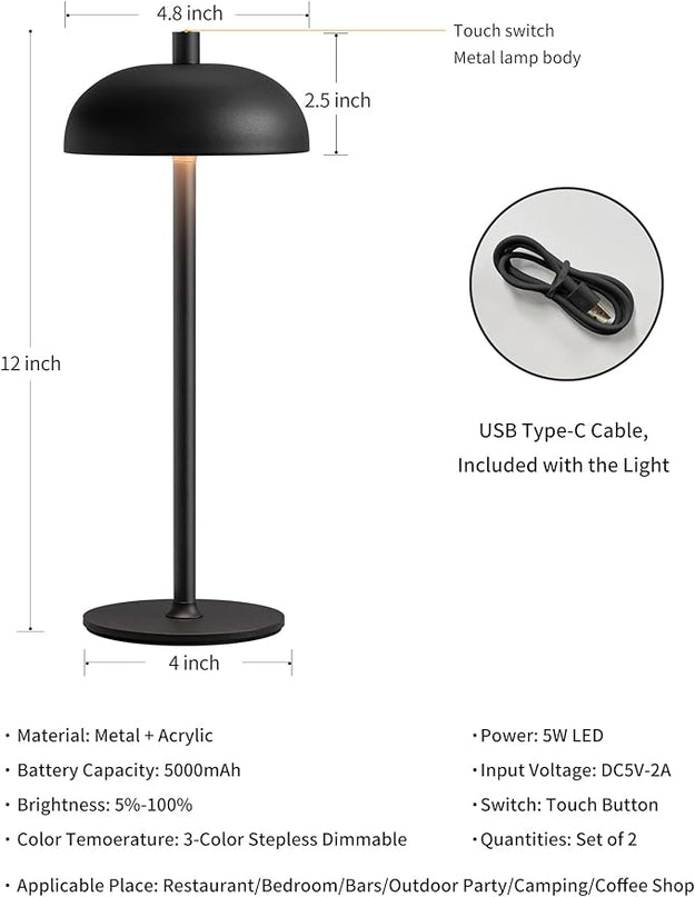 Cordless LED Table Lamp Set of 2, Modern Portable Desk Lamp, 3 Color Stepless Dimming Built-in Rechargeable Battery Lights, for Bedroom, Patio, Outdoor, Restaurant, Bedside Night Lamp(Black) - LeafyLoom