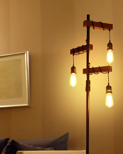 Dimmable Industrial Floor Lamp, Farmhouse Tree Floor Lamp, 68 Inch 3 Lights Wood Standing Lamp, Sturdy Base Tall Vintage Pole Light, Metal Black Floor Lamps for Living Room Bedroom Office Rustic Home - LeafyLoom