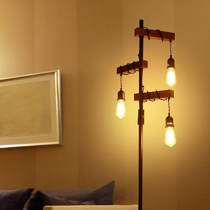 Dimmable Industrial Floor Lamp, Farmhouse Tree Floor Lamp, 68 Inch 3 Lights Wood Standing Lamp, Sturdy Base Tall Vintage Pole Light, Metal Black Floor Lamps for Living Room Bedroom Office Rustic Home - LeafyLoom