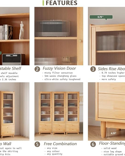 Wooden Glass Door Bookcase - 2-Tier Cube Bookshelf Storage Cabinet with Double Drawer and Adjustable Shelf, Solid Wood Legs Cupboard in Pear Yellow - LeafyLoom
