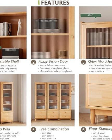 Wooden Glass Door Bookcase - 3-Tier Cube Bookshelf Storage Cabinet with Double Drawer and Adjustable Shelf, Solid Wood Legs Cupboard in Warm White - LeafyLoom