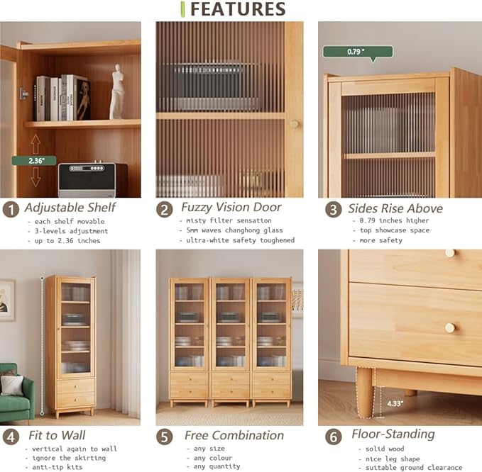 Wooden Glass Door Bookcase - 2-Tier Cube Bookshelf Storage Cabinet with Double Drawer and Adjustable Shelf, Solid Wood Legs Cupboard in Warm White - LeafyLoom