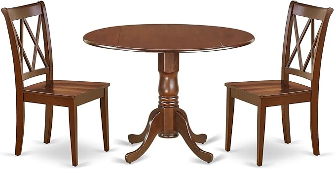 East West Furniture DLCL3-MAH-W Dublin 3 Piece Set for Small Spaces Contains a Round Dining Room Table with Dropleaf and 2 Wooden Seat Chairs, 42x42 Inch - LeafyLoom