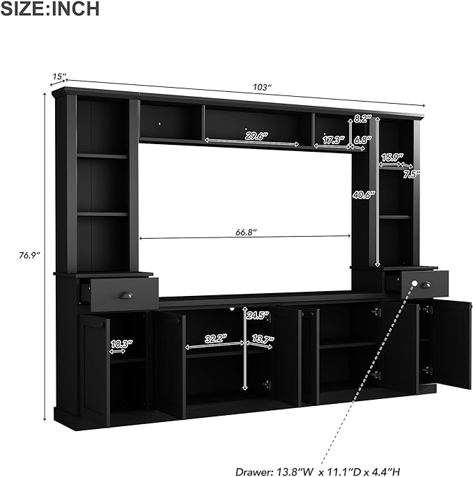 Merax Minimalist Entertainment Wall Unit Set with Bridge Ample Storage Space and Adjustable Shelves, TV Stand for Televisions Up to 75'', Modernist Large Media Console for Living Room, Black - LeafyLoom