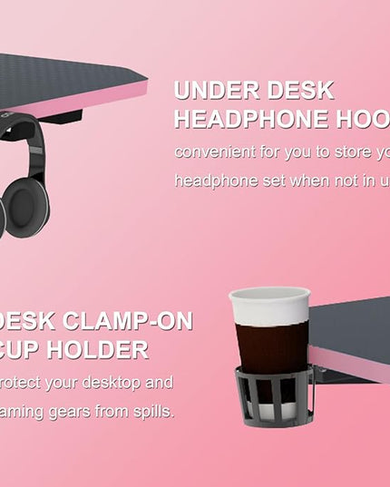 63 Inch Gaming Desk, with Carbon Fiber Surface, Lightning-Shaped PC Computer Table, with Headphone Holder, Cup Holder, Cable Management Box, Gaming Table for Gamer, Black&Pink - LeafyLoom