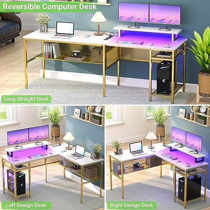 Unikito Reversible L Shaped Desk with Power Outlets and Smart LED Light, 55 Inch Computer Office Desk, Unique Grid Design, Corner Writing Gaming Table with Monitor Stand and Storage Shelf, White - LeafyLoom