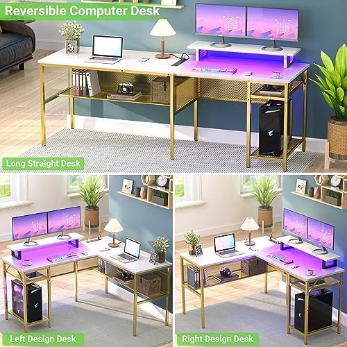 Unikito Reversible L Shaped Desk with Power Outlets and Smart LED Light, 55 Inch Computer Office Desk, Unique Grid Design, Corner Writing Gaming Table with Monitor Stand and Storage Shelf, White - LeafyLoom