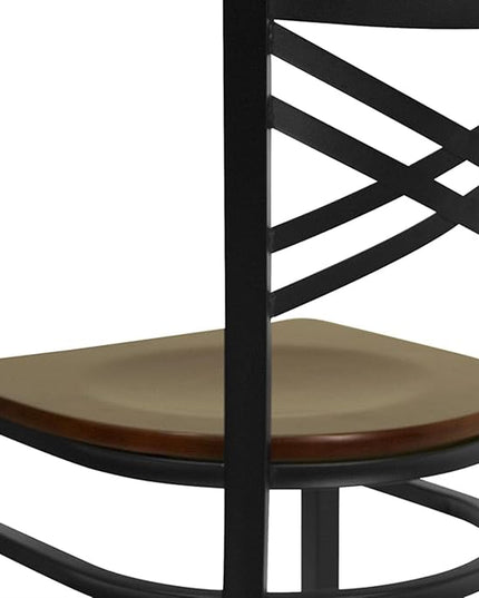 Flash Furniture HERCULES Series Black ''X'' Back Metal Restaurant Chair - Mahogany Wood Seat - LeafyLoom