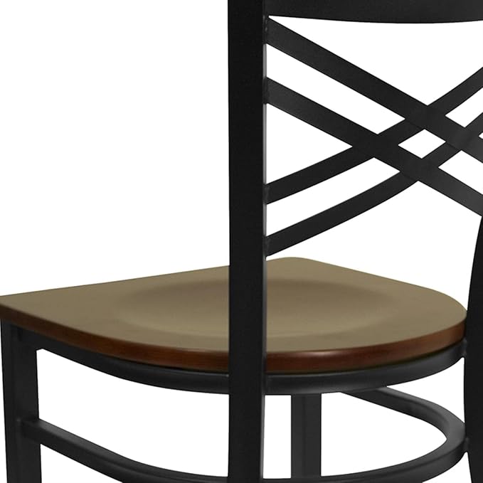 Flash Furniture HERCULES Series Black ''X'' Back Metal Restaurant Chair - Mahogany Wood Seat - LeafyLoom