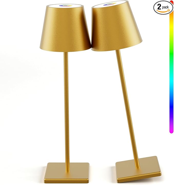 2-Pack LED Cordless Table Lamp with RGB & Stepless Dimming, 3W 5500mAh Rechargeable Table Lamps Battery Operated Table Light Stepless Dimmable Portable Table Lamp for Table/Bedroom/Outdoor (Gold) - LeafyLoom