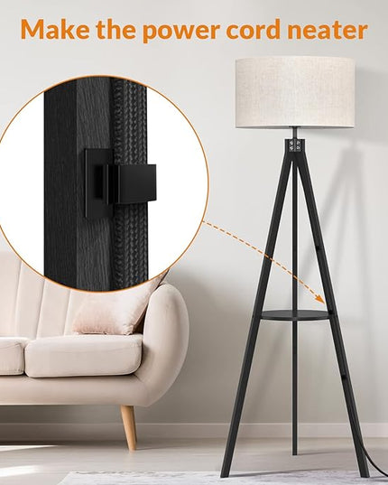 LEPOWER Tripod Floor Lamp, Mid Century Wood Standing Lamp, Modern Design Shelf Floor Lamp for Living Room, Bedroom, Office, Flaxen Lamp Shade with E26 Lamp Base Black - LeafyLoom