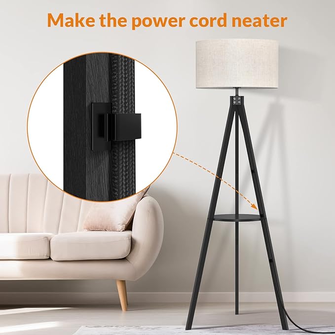 LEPOWER Tripod Floor Lamp, Mid Century Wood Standing Lamp, Modern Design Shelf Floor Lamp for Living Room, Bedroom, Office, Flaxen Lamp Shade with E26 Lamp Base Black - LeafyLoom