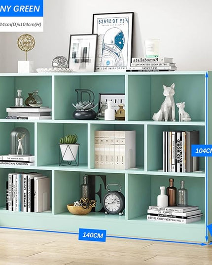 IOTXY Open Shelf Low Bookcase - Wooden 3-Tier Floor Standing Display Cabinet Organizer with Base, 10 Cubes Short Horizontal Bookshelf in Tiffany-Green - LeafyLoom