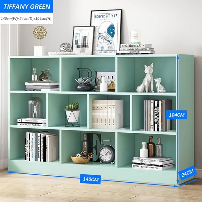 IOTXY Open Shelf Low Bookcase - Wooden 3-Tier Floor Standing Display Cabinet Organizer with Base, 10 Cubes Short Horizontal Bookshelf in Tiffany-Green - LeafyLoom