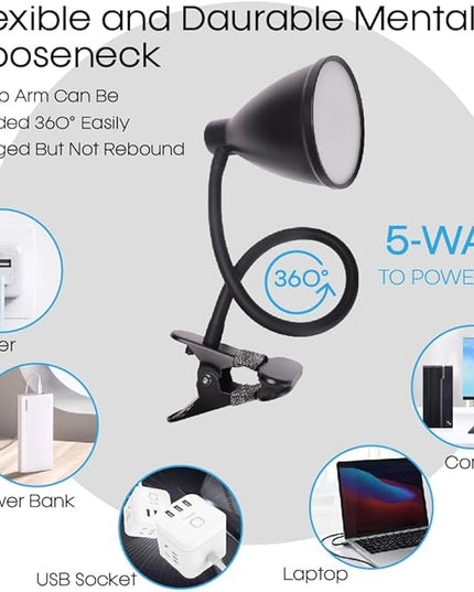 Desk Lamp Reading Light Clamp Lamp 3 Color Modes 10 Brightness Dimmer Table Lamp with Auto Off Timer Eye-Caring Lamp for Home Office 360° Flexible Gooseneck Clip AC Adapter Include(Black) - LeafyLoom