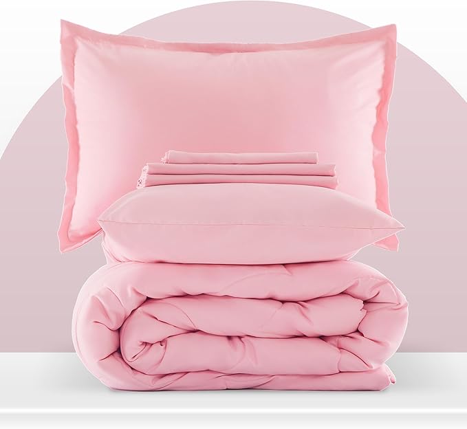 SLEEP ZONE Kids Pink Bedding Comforter Set Full/Queen Size - Super Cute & Soft Girls Bedding 7 Pieces Set with Comforter, Sheet, Pillowcase & Sham (Cinquefoil Pink) - LeafyLoom