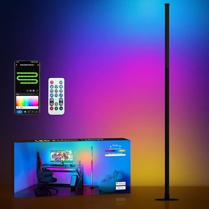 RGB Floor Lamp, LED Corner Lamp Works with Alexa, with Music Sync, with App and Remote Control, 16 Million Colors & 68+ Scene, Color Changing Standing Floor Lamp for Bedroom Living Room - LeafyLoom