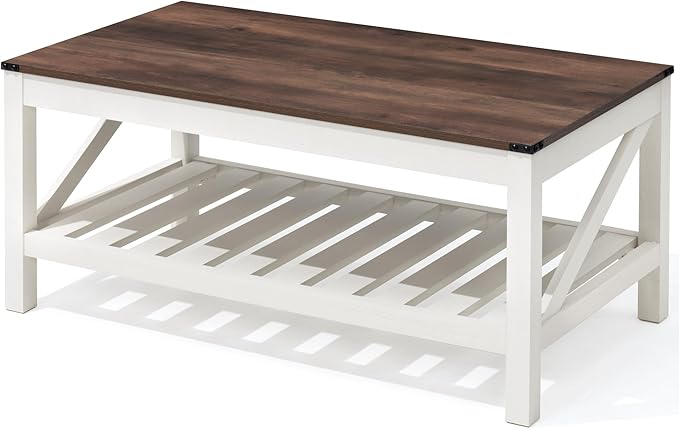 Farmhouse Coffee Table with 2-Tier Shelves - Rectangular Coffee Table with Storage for Living Room, Wood Coffee Table with Sturdy Frame, Brown - LeafyLoom