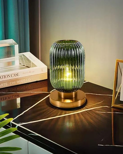 Glass Table Lamps Mid Century Modern Globe Table lamp Gold Desk lamp nightstand lamp with Green Pumpkin Design Ribbed Glass Bedside Table Lamp for Bedroom Living Room Office - LeafyLoom