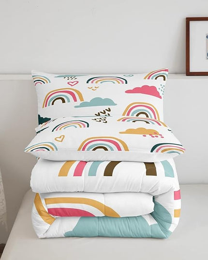 Girly Rainbow Comforter Set Queen Size,Hand Drawn Kawaii Rainbow Bedding Sets for Kids Children,Lovely Cartoon Style Clouds Love Heart Duvet Insert Abstract Artwork Down Comforter with 2 Pillow Shams - LeafyLoom