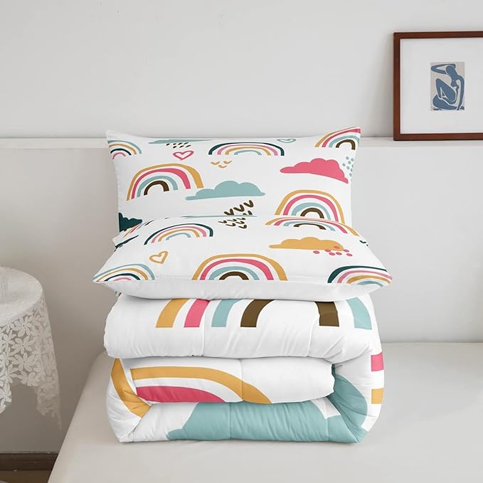 Girly Rainbow Comforter Set Queen Size,Hand Drawn Kawaii Rainbow Bedding Sets for Kids Children,Lovely Cartoon Style Clouds Love Heart Duvet Insert Abstract Artwork Down Comforter with 2 Pillow Shams - LeafyLoom
