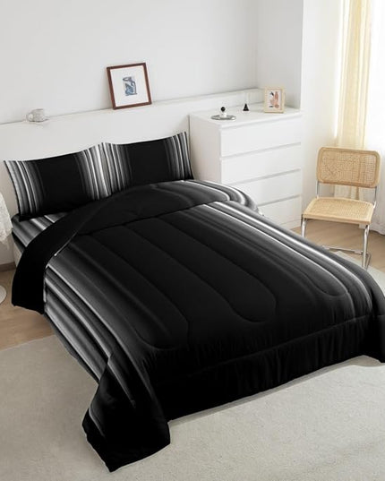 Feelyou Geometric Abstract Ombre Bedding Set Men Adults Teens Grey Gray Black Striped Comforter Set Kids Boys Girls Simple Modern Quiltwith 2 Pillowcases 3Pcs Bedding King Boys - LeafyLoom