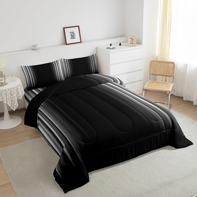 Geometric Abstract Ombre Bedding Set Men Adults Teens Grey Gray and Black Striped Comforter Set Kids Boys Girls Simple Modern Quilt Setwith 2 Pillowcases 3Pcs Bedding Full - LeafyLoom
