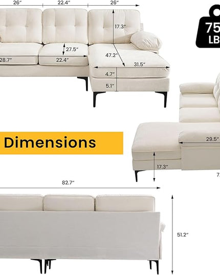 COHOME L-Shaped Couch for Living Room, Chenille Upholstered Couch with Reversible Chaise, Apartment Couch with Deep Seat,Washable Cover,Beige White - LeafyLoom