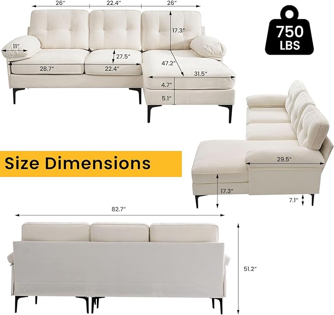 COHOME L-Shaped Couch for Living Room, Chenille Upholstered Couch with Reversible Chaise, Apartment Couch with Deep Seat,Washable Cover,Beige White - LeafyLoom