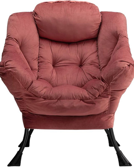 AcozyHom Modern Velvet Fabric Lazy Chair, Accent Cotton Contemporary Lounge Chair, Single Steel Frame Leisure Sofa Chair with Armrests and A Side Pocket, Thick Padded Back, Dusty Rose - LeafyLoom
