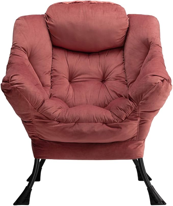 AcozyHom Modern Velvet Fabric Lazy Chair, Accent Cotton Contemporary Lounge Chair, Single Steel Frame Leisure Sofa Chair with Armrests and A Side Pocket, Thick Padded Back, Dusty Rose - LeafyLoom