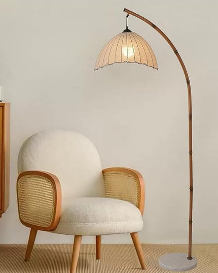 Retro Floor Lamp Unique Bamboo Color Floor lamp Bohemian Hanging Arc Floor Lamp with Antique Rattan Style Vertical Standing tall Lamp for Bed Room Farmhouse Study Living Room Indoor decoration - LeafyLoom