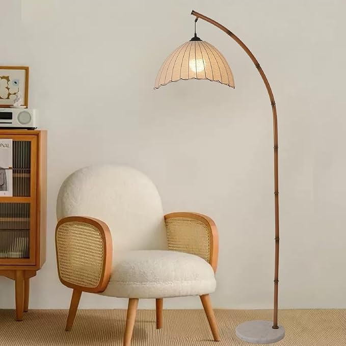 Retro Floor Lamp Unique Bamboo Color Floor lamp Bohemian Hanging Arc Floor Lamp with Antique Rattan Style Vertical Standing tall Lamp for Bed Room Farmhouse Study Living Room Indoor decoration - LeafyLoom
