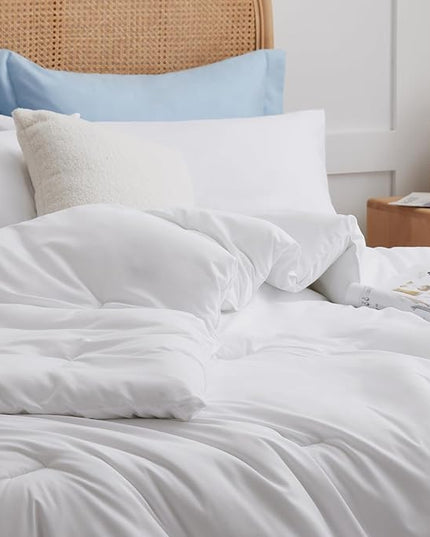 CozyLux White Comforter Set Full Size, 3 Pieces Solid Breathable Quilted Boho Style Bedding Sets, Luxury Fluffy Soft Microfiber Comforter for All Season(1 Comforter & 2 Pillowcases) - LeafyLoom